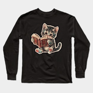 Cute cat reading book retro children illustration Long Sleeve T-Shirt